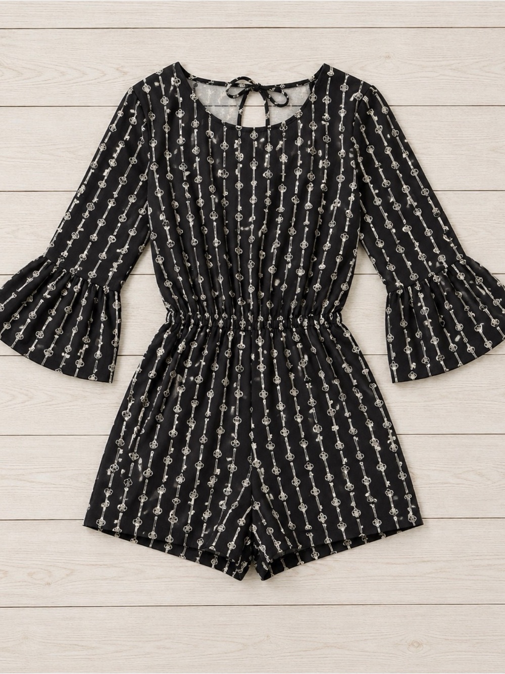 Millibon U.S.A. Black Skeleton Key Print Bell Sleeve Romper Size L Gothic